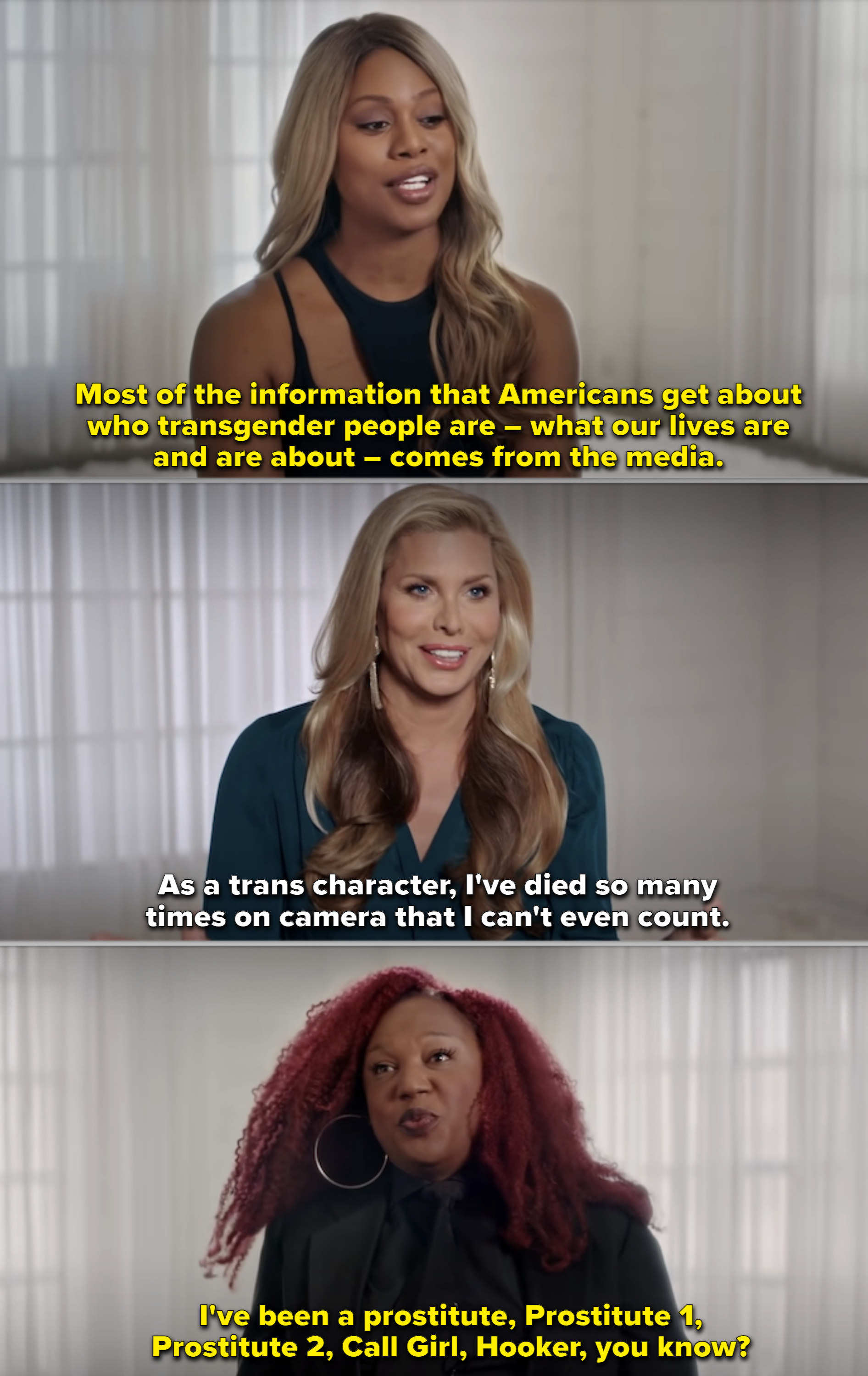 Famous actors being interviewed in the documentary about their experiences playing trans characters
