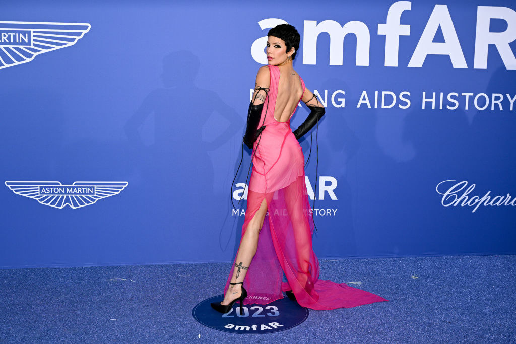 Halsey posing in a sleeveless, backless minidress with diaphanous floor-length cover
