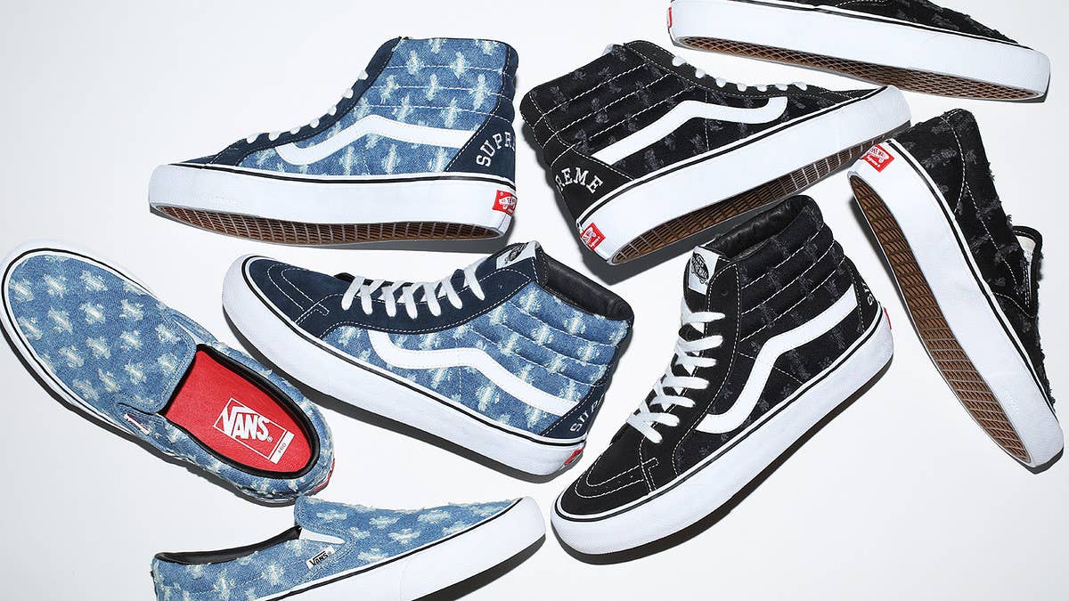 Supreme and Vans are collaborating on a 'Hole Punch Denim' collection consisting of the SK8-Hi and Slip-On releasing in July 2020. Click here to learn more.