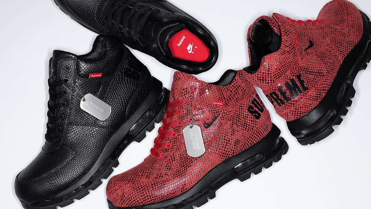 A first look at Supreme's upcoming Nike ACG Air Max Goadome boots in snakeskin red and black styles. Find the release date & more here.