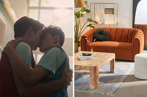 On the left, Nick and Charlie from Heartstopper kissing, and on the right, a living room with a couch next to a coffee table