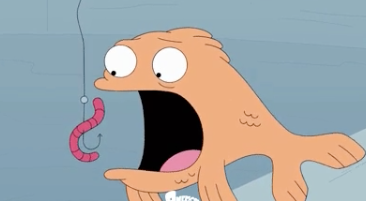 Animated character baited by a worm on a hook, looking surprised