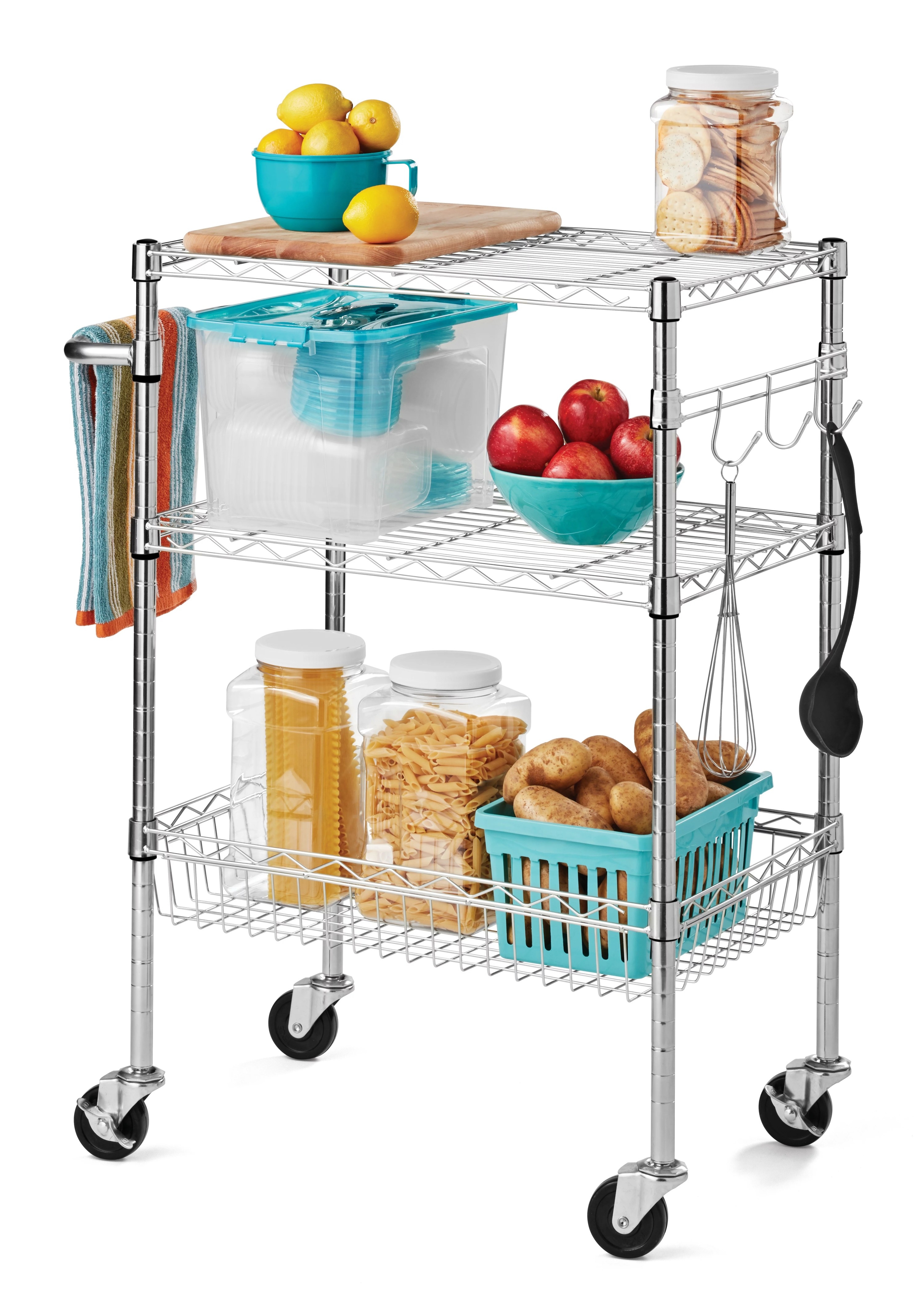 Stainless steel cart with kitchen items on shelves