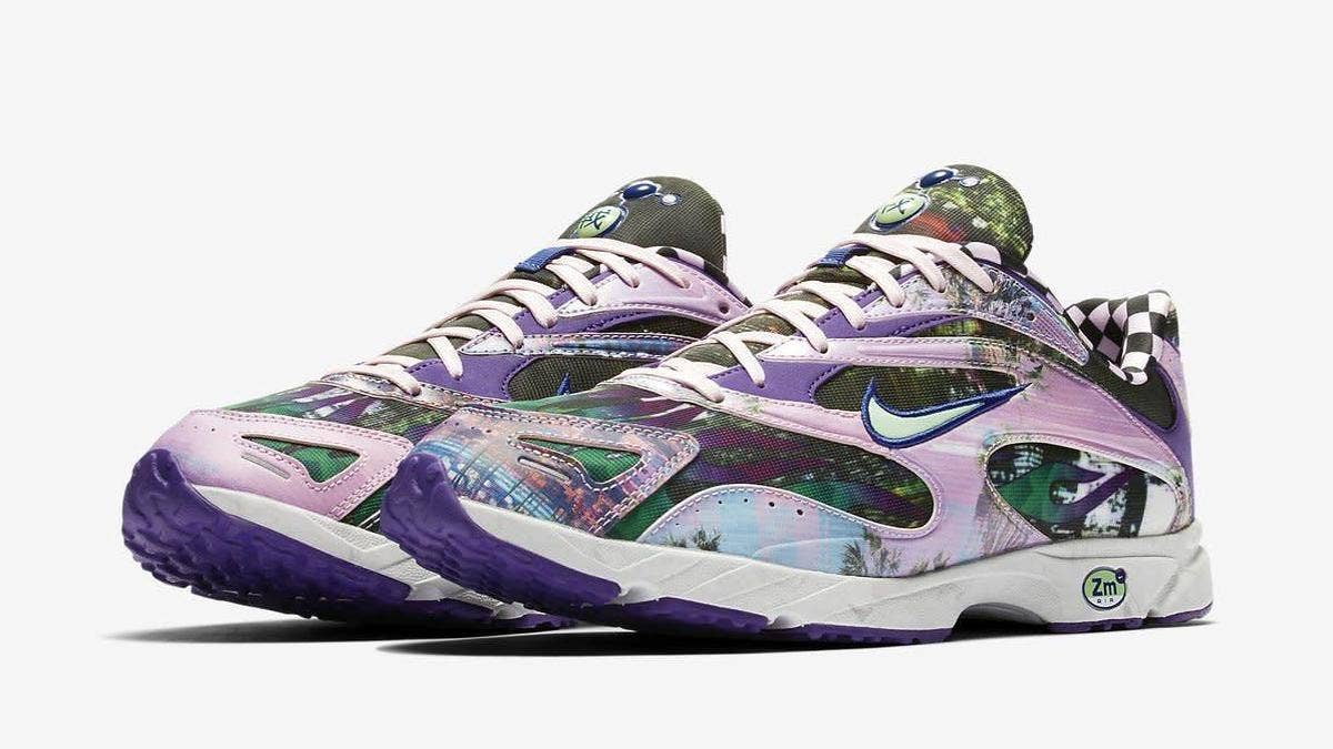 The release date and info for the upcoming Nike Zoom Streak Spectrum Plus Premium 'Court Purple' colorway featuring a mix of various patterns and materials.