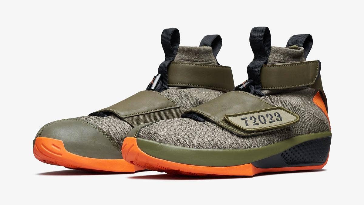 Jordan Brand is releasing a remixed version of the Air Jordan 20 with a Flyknit upper. Olive green/orange and black/gum colorways have surfaced that both sport Carmelo Anthony's logo on the insole. 