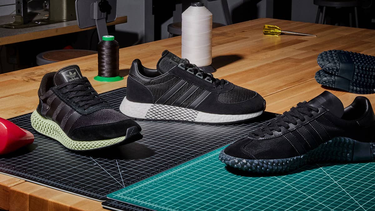 Adidas is releasing 'Triple Black' versions of its 'Never Made' collection. The range fuses popular retro uppers with new midsole technology like Boost and 4D.