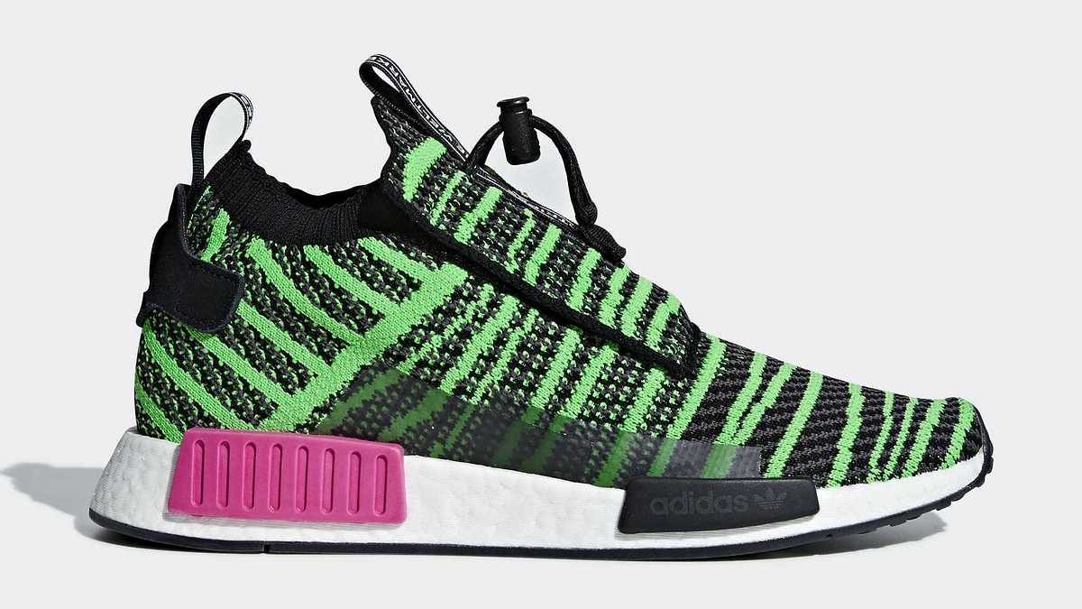 One of the most eye-catching additions to the NMD line to date, the 'Shock Lime' Adidas NMD_TS1 features a highlighter green Primeknit-constructed upper with black stripes.