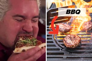 guy fieri eating pizza on the left and burgers on the right being grilled