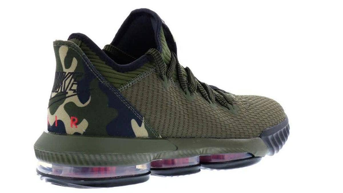 The always-present theme of battle in LeBron James' signature sneaker line continues with a camouflage-accented version of the Nike LeBron 16 Low.