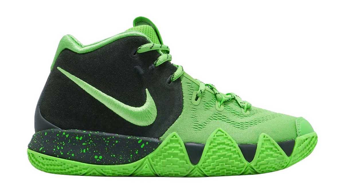 Featuring both dark and bright green hues, the 'Spinach Green' Nike Kyrie 4 is highlighted by spoon, fork and plate graphics printed on the insole of each shoe.