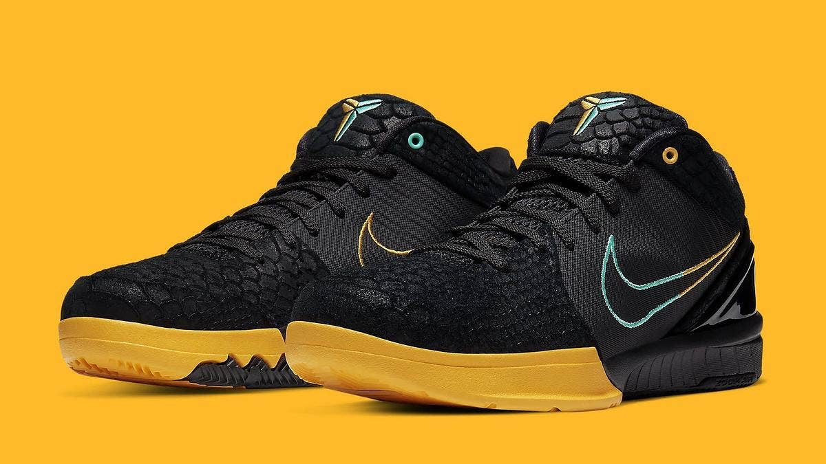 An official look at a never-before-seen 'Black/Aurora Greem-University Gold' colorway of the Nike Zoom Kobe 4 Protro surfaces. Click here to learn more.