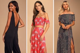 on left: model wearing black romper. in middle: model wearing printed red crop top and midi skirt set. on right: model in off-shoulder black floral-print maxi dress