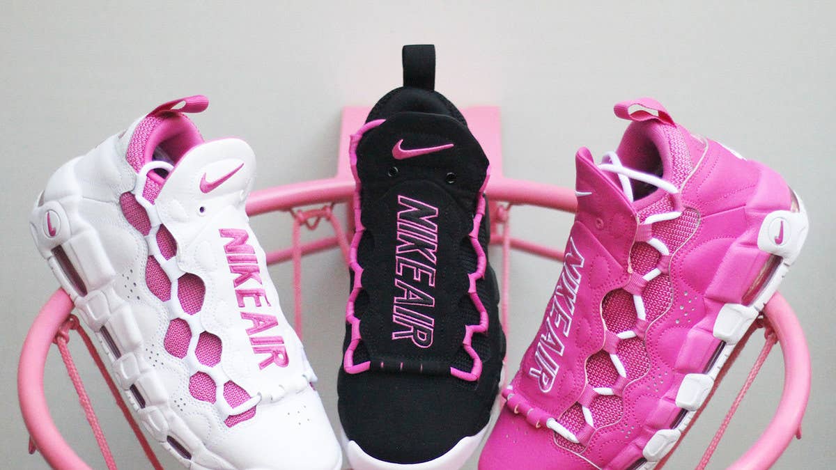 Release date info for the Nike Air Get Money x Sneaker Room 'Breast Cancer Awareness' pairs.