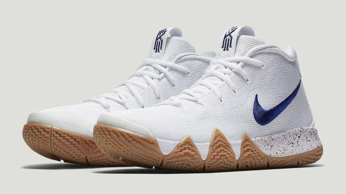 The release date and details for Kyrie Irving's Nike Kyrie 4 'Uncle Drew' sneakers in white and gum. The shoes will release in men's, grade school, and preschool sizes this summer.