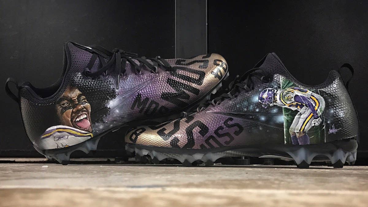 The latest custom football cleat by Mache features Randy Moss, and will be worn on Monday Night Football by Vikings' wide recevier Stefon Diggs.