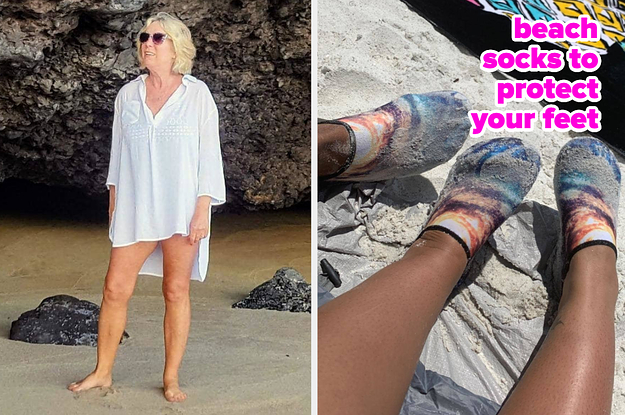 reviewer wearing white coverup on the left and reviewer wearing beach socks on the right