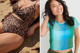 on the left a one-piece leopard wrap swimsuit, on the right a blue and mint ombre mesh t-shirt