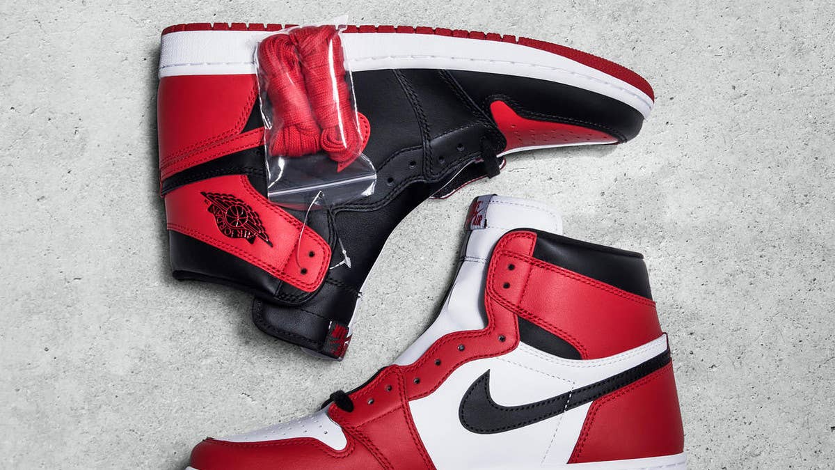 The split Air Jordan 1 'Homage to Home' sample combines the Banned and Chicago looks.