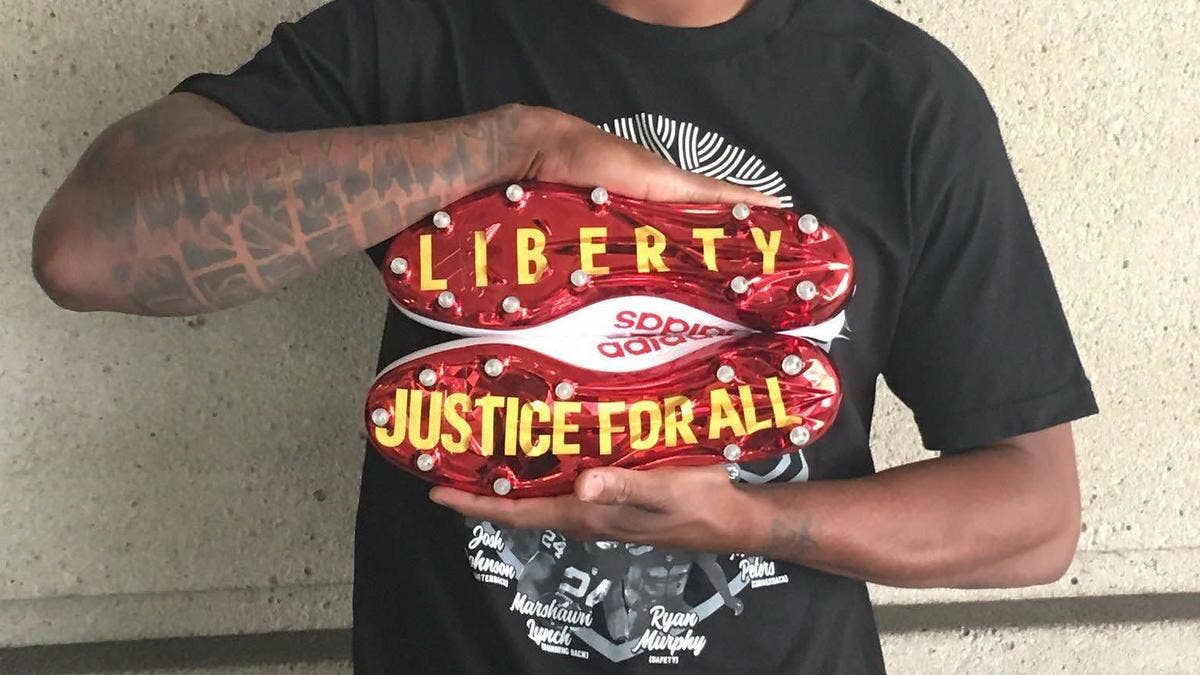 Adidas athletes like Marcus Peters have custom 'Liberty & Justice for All' cleats by Pharrell Williams.