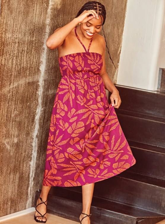 patterned halter dress on model