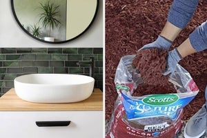 on left: green peel-and-stick tiles above white bathroom sink vanity. on right: model picking up pile of mulch out of bag