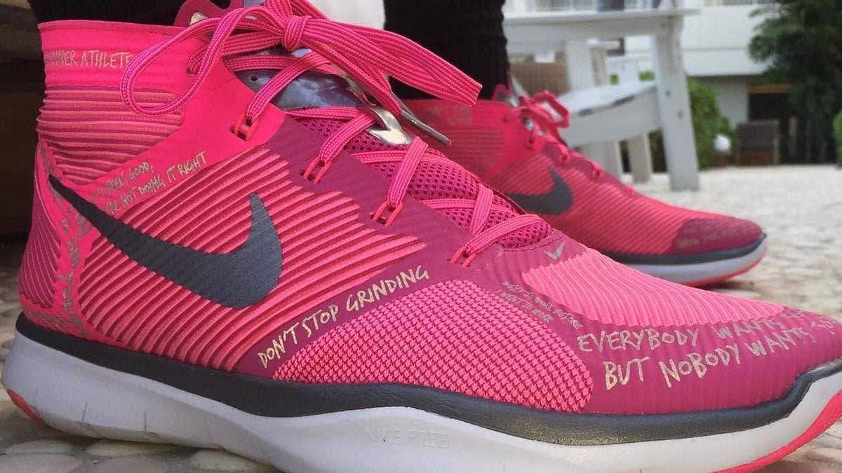 Kevin Hart's Hustle Hart sneakers styled in bright pink for Breast Cancer Awareness.