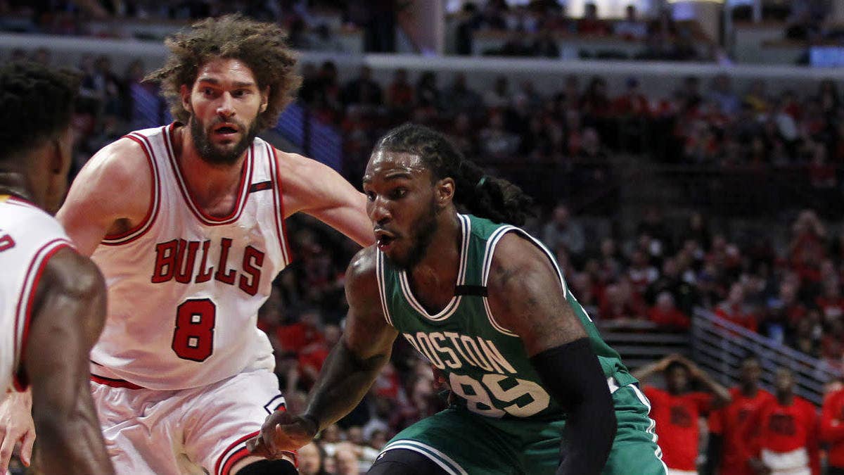 Robin Lopez and Jae Crowder exchange sneaker-related offenses during a playoff game.