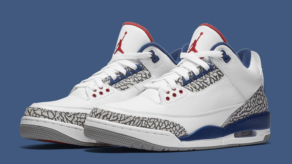 Black Friday Air Jordan 3s in 'True Blue' with Nike Air on the back.