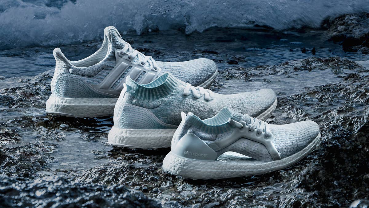 White Parley x Adidas Ultra Boosts calling attention to coral bleaching in the oceans release on June 8.
