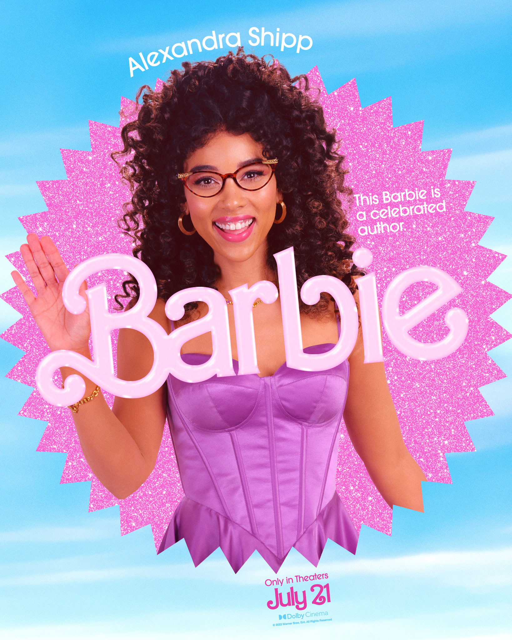 Alexandra Shipp on a Barbie poster waving and wearing eyeglasses and a corsette dress