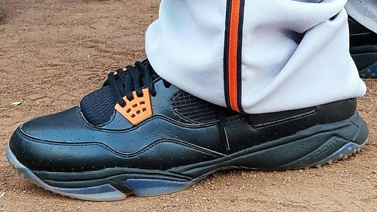 Check out the slugger's Air Jordan 4 cleats and turf shoes.