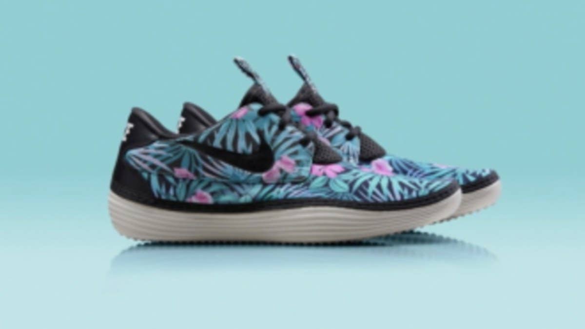 Official imagery of the Solarsoft Moccasin "Floral Pack," a three-sneaker set inspired by Hawaii's colorful flora and laidback culture.