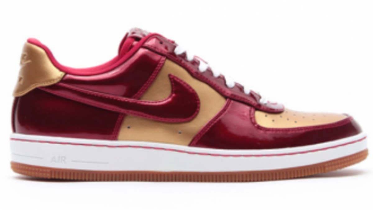 Nike Sportswear presents a quickstrike Air Force 1 Downtown in shimmering flight gold and varsity red.