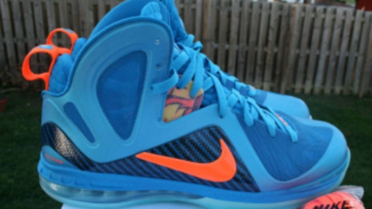 A closer look at the "Blue Flame" sample colorway of the LeBron 9 P.S. Elite.