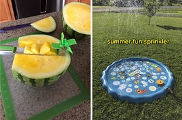 watermelon cutter, sprinkler mat in yard