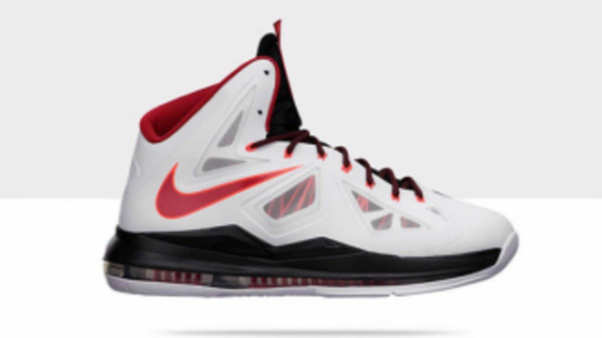 The LeBron X "Home" released today at Nike Basketball retailers, featuring a White / University Red / Black / Pure Platinum colorway made for the American Airlines Arena hardwood.