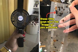 reviewer's hand holding the fan which is circular on the fan end has a handle / reviewer holding up sticky trap with a variety of dead bugs stuck on it "these little guys won't be bugging you anymore" 