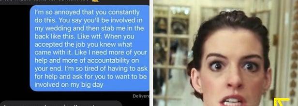 angry bride captioned "Furious a bridemaid won't pierce her ears for the wedding" with texts between bride and bridesmaid