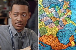 Male teacher wears a button-down shirt and looks to the left, furrowing his brows as if confused. Next to him is a separate image of a US map.