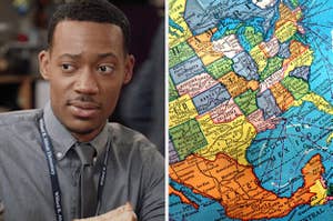 Male teacher wears a button-down shirt and looks to the left, furrowing his brows as if confused. Next to him is a separate image of a US map.