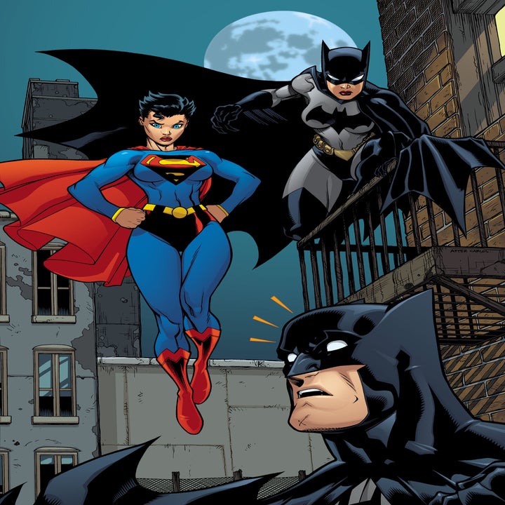 Cir-El flying next to Batgirl as they stare down Batman