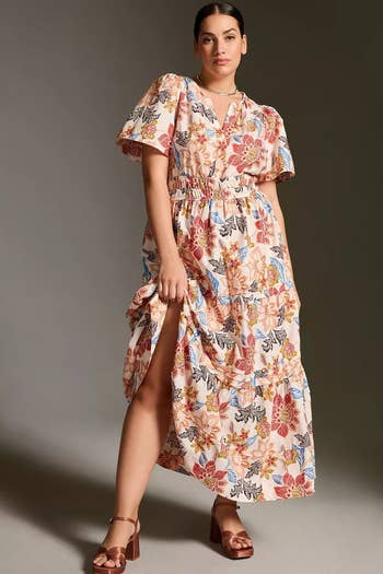 model wearing the dress in a botanical pattern