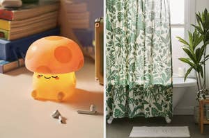 on left: cute mushroom-shaped small light. on right: green leaf-print shower curtain in front of white tub