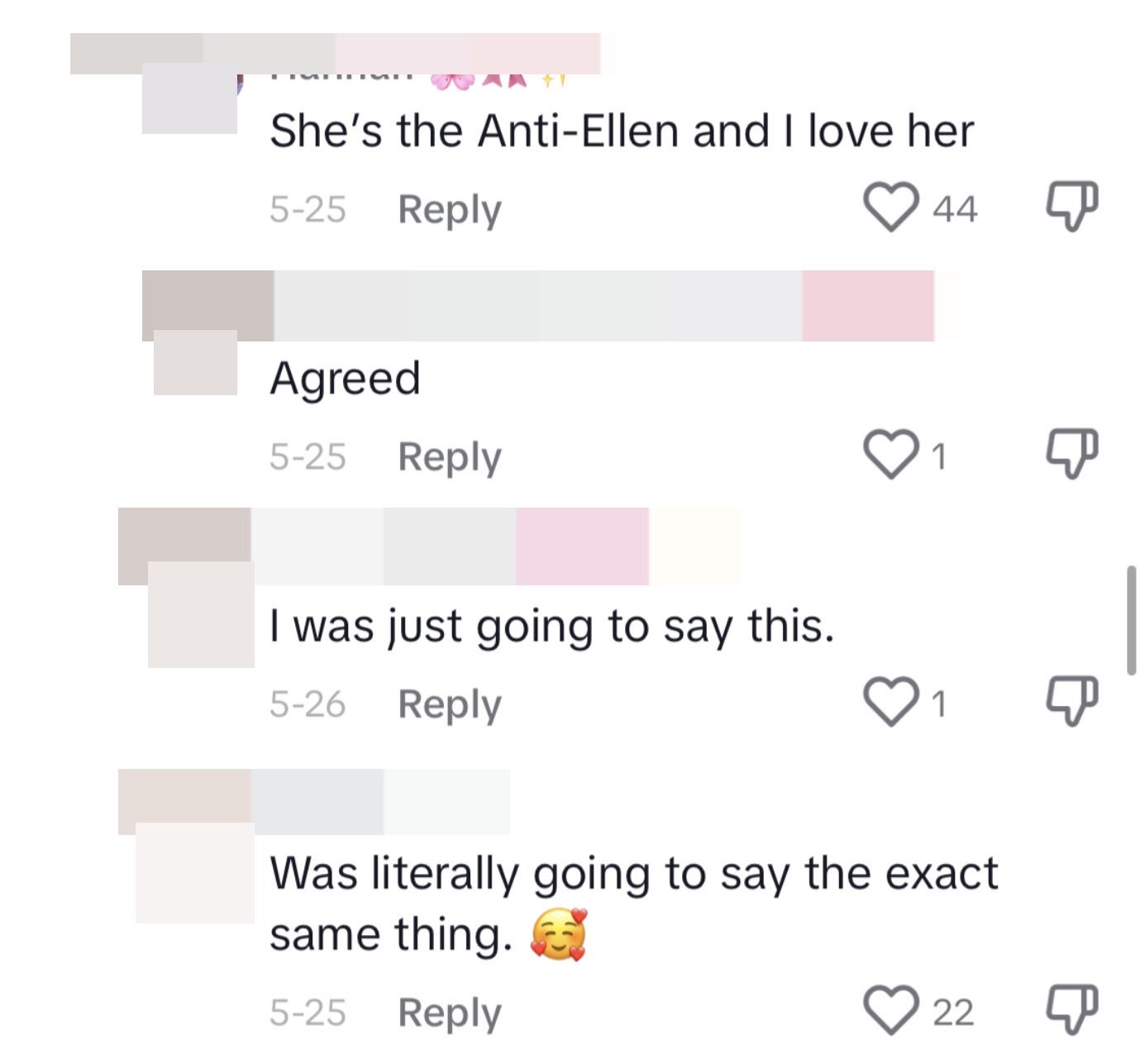 TikTok comments, including "She's the Anti-Ellen and I love her" and "Was literally going to say the exact same thing"
