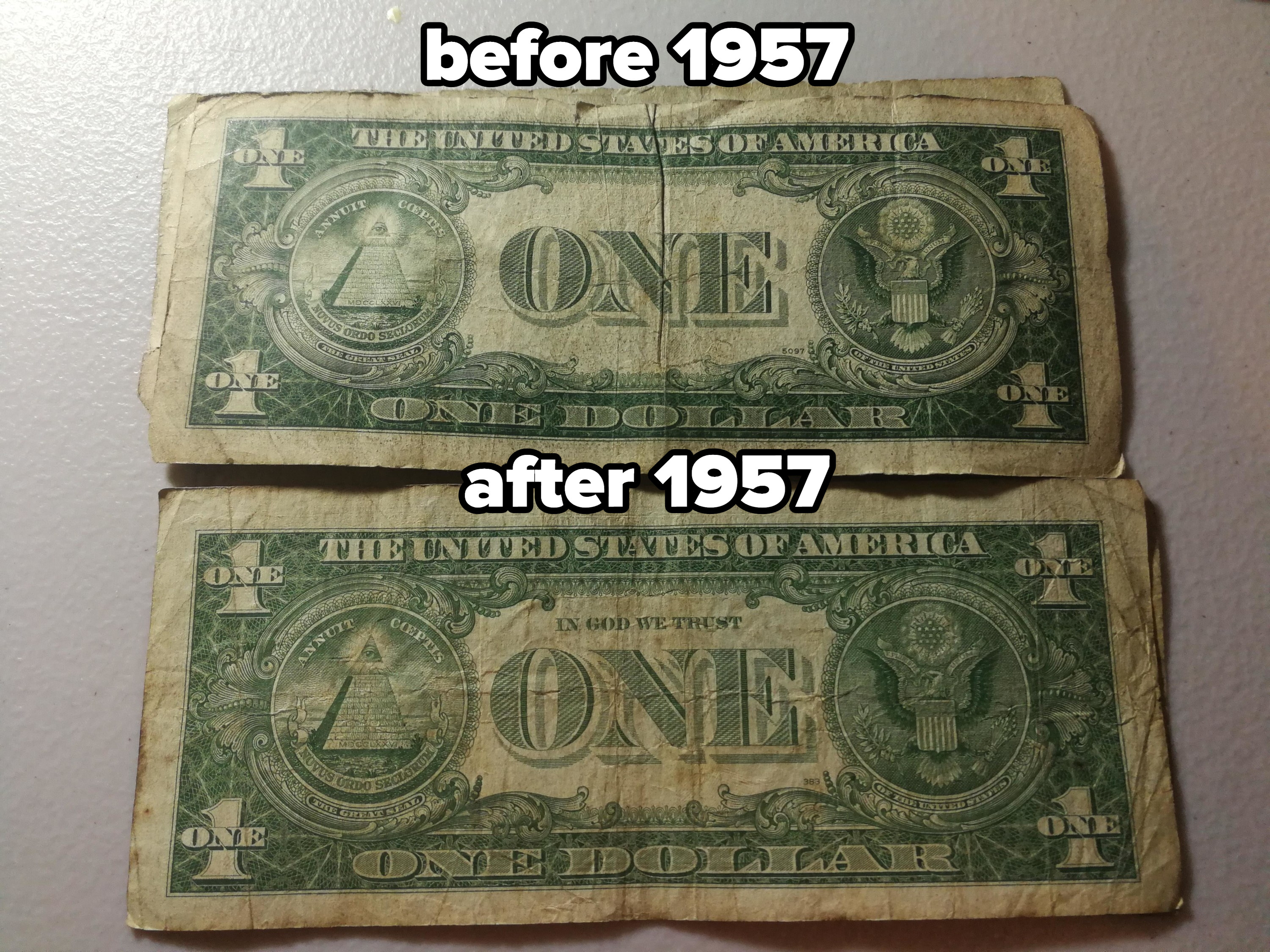 Dollar bills before and after 1957