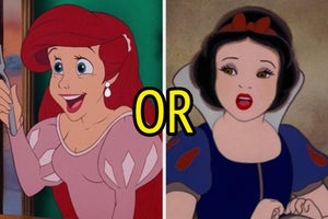 On the left, Ariel from The Little Mermaid, and on the right, Snow White with or typed in the middle