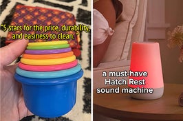 to the left: stacking cups, to the right: a hatch sound machine