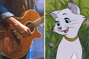On the left, someone playing a guitar, and on the right, Duchess from The Aristocats