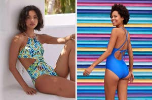 on left: model wearing colorful leaf-print one-piece swimsuit with cut-out design. on right: model wearing blue criss-cross back one-piece swimsuit