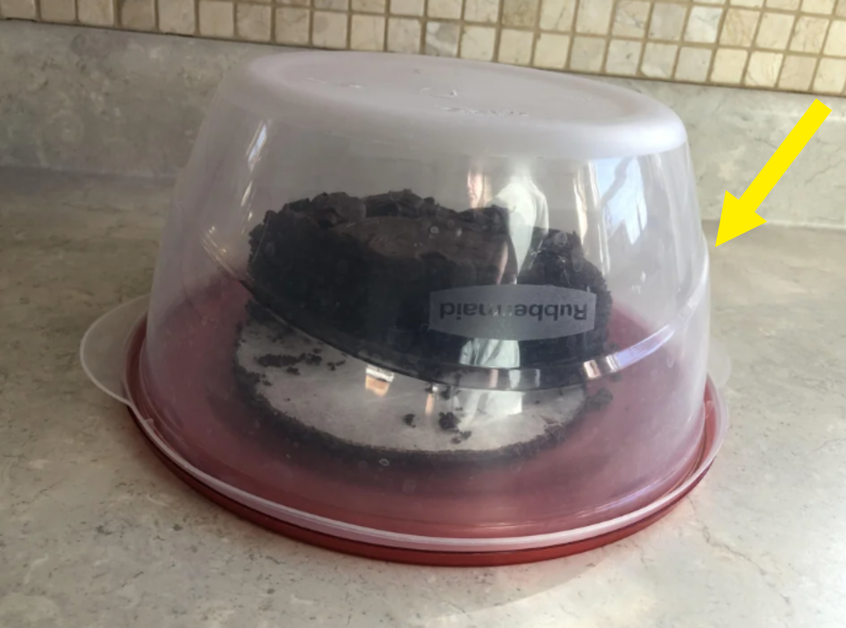 A Tupperware used as a cake dome